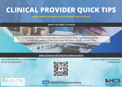 Flyer for the Clinical Provider Quick Tips Toolkit that has a QR code and link to the toolkit.